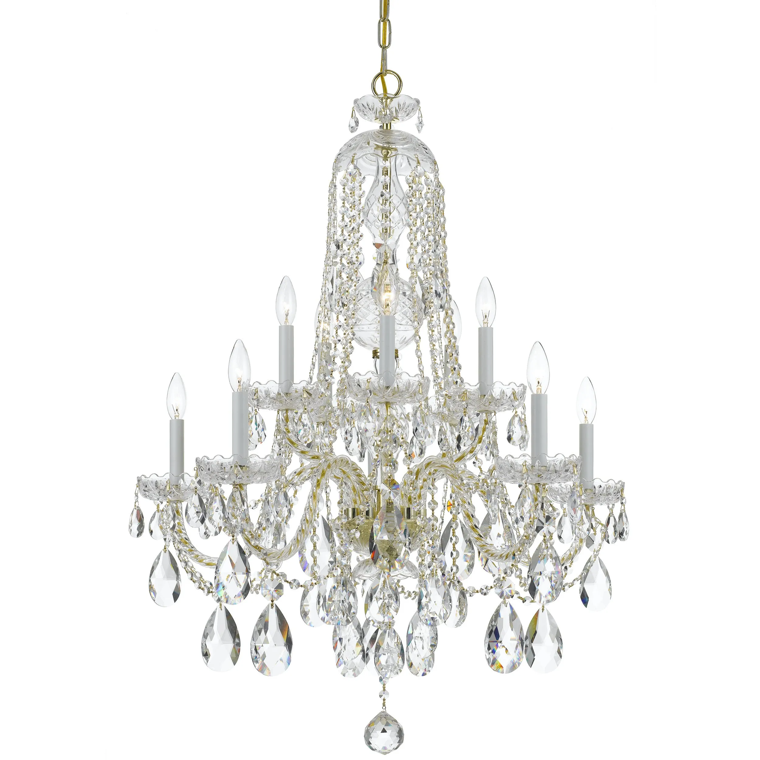 10 Light Polished Brass Crystal Chandelier Draped In Clear Hand Cut Crystal - C193-1110-PB-CL-MWP