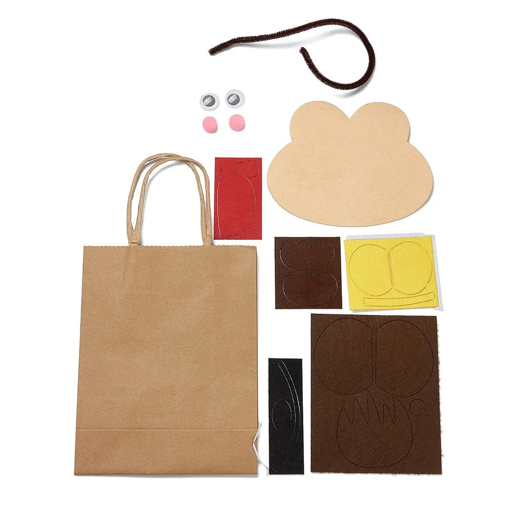 10 Set DIY Rectangle with Monkey Pattern Kraft Paper Bag Making Set, Including Paper Bag, Non Woven Fabrics Stickers, Velvet with Iron Cord, Velvet Ball, Eyes Cabochons, Mixed Color, 306mm, Bag: 210x160x1.5mm, unfold: 210x160x80mm