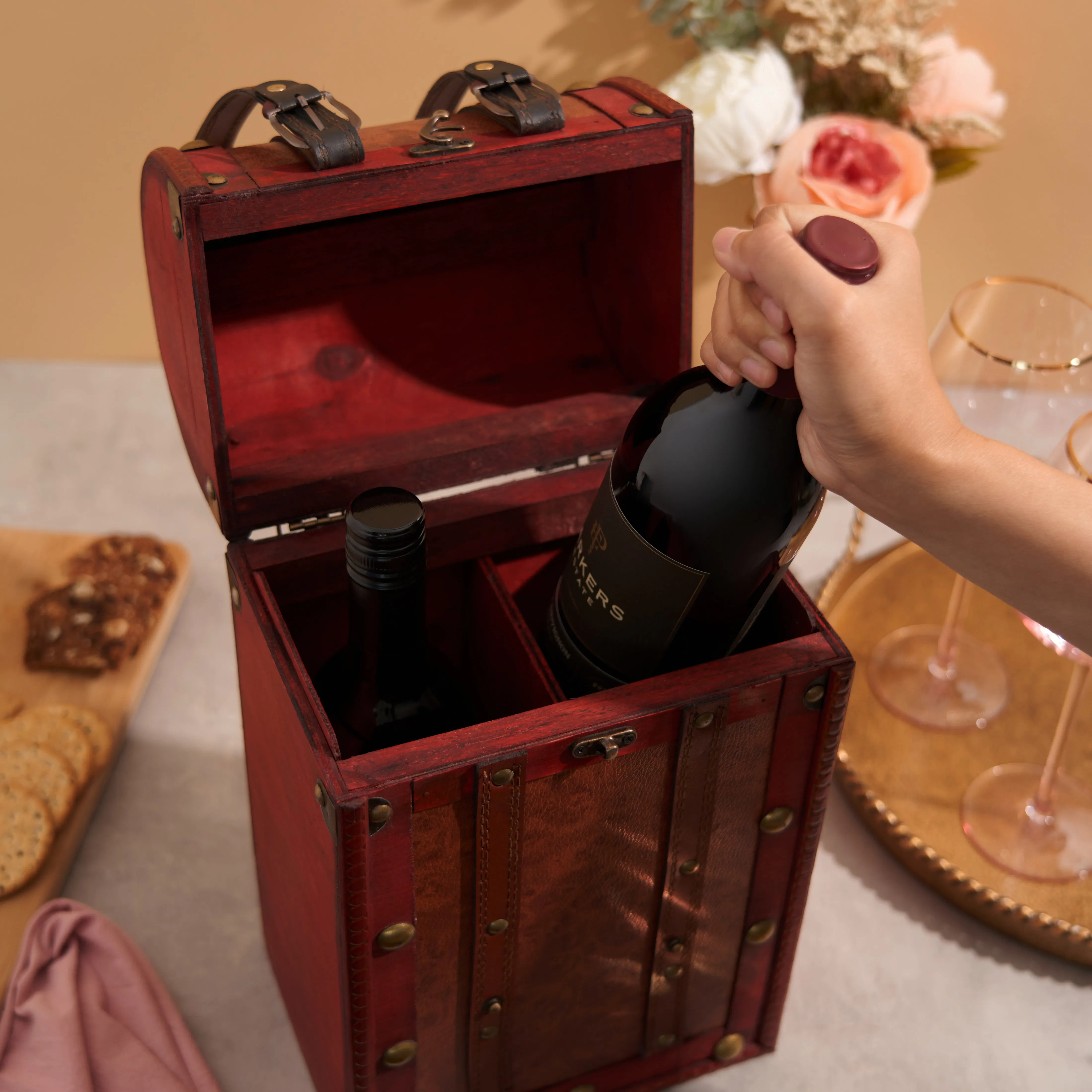 2 Bottle Antique Wooden Wine Box