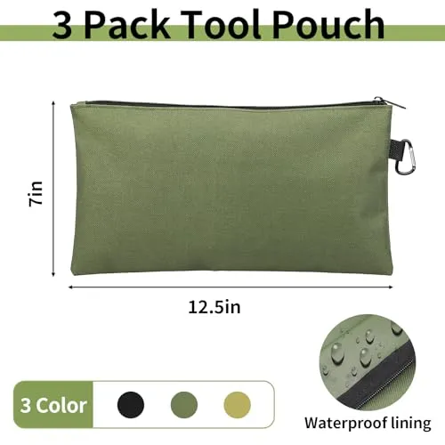 3 Pack Tool Bag Zipper Pouch, Premium Tool Pouch, Utility Multipurpose Storage Organizer Tool Pouches with Carabiner Metal Zipper for Tools, Stationary, Pencil Pouch (3 Pack, Tan, Navy Green, Black)