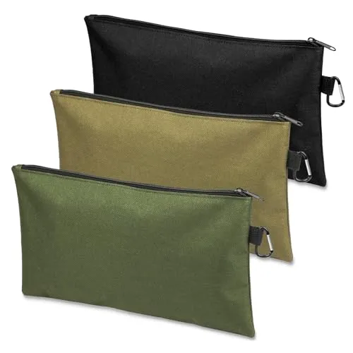 3 Pack Tool Bag Zipper Pouch, Premium Tool Pouch, Utility Multipurpose Storage Organizer Tool Pouches with Carabiner Metal Zipper for Tools, Stationary, Pencil Pouch (3 Pack, Tan, Navy Green, Black)