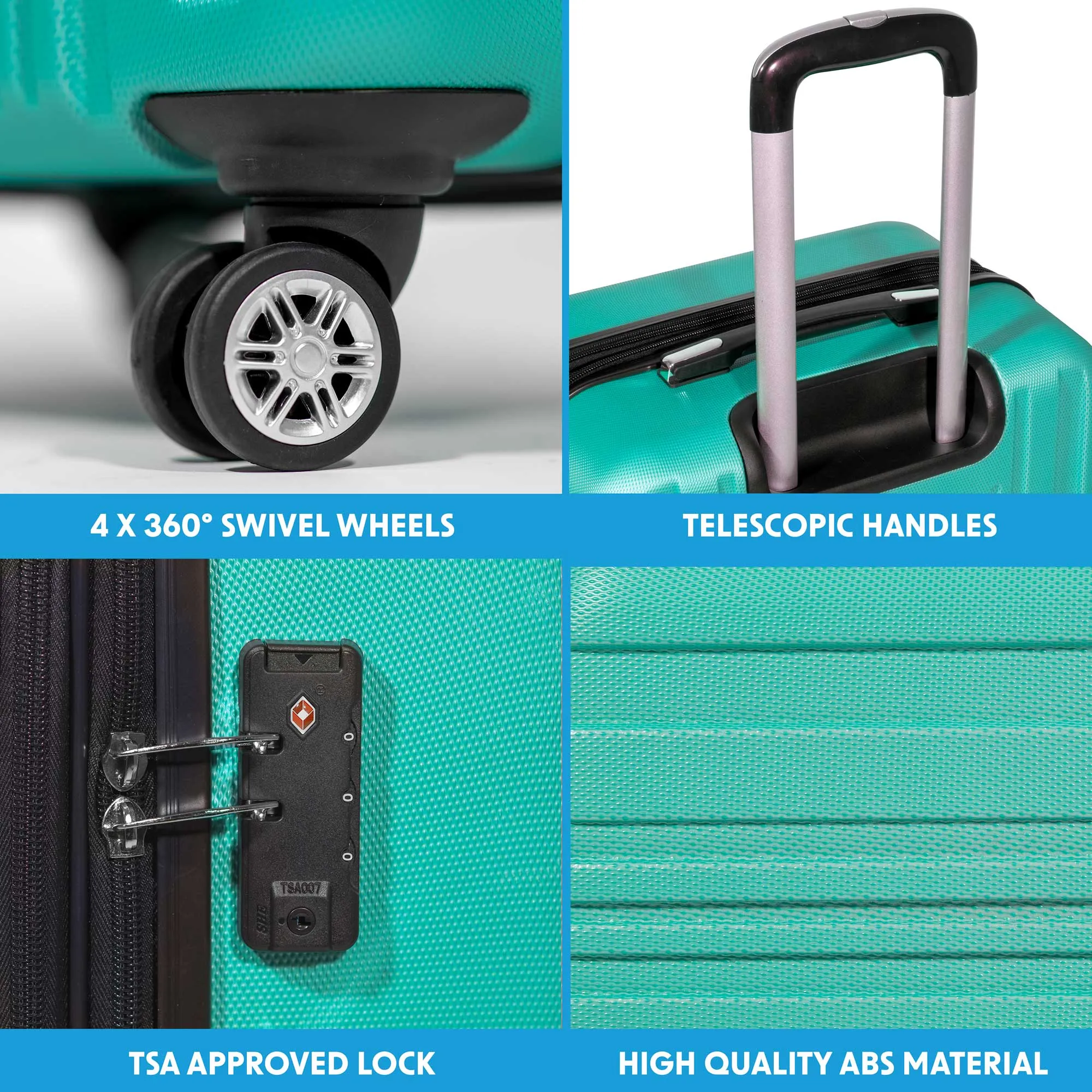 3 Piece Lightweight Luggage Suitcase Trolley Set ABS TSA Lock - Teal - DL126