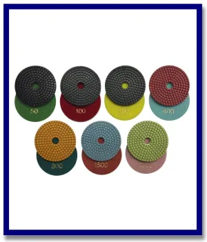 (7 Piece Set) 4" SDA Premium Wet Grinding Diamond V'cro Pads. Grits Included Are #50, 100, 200, 400, 800, 1500 & 3000