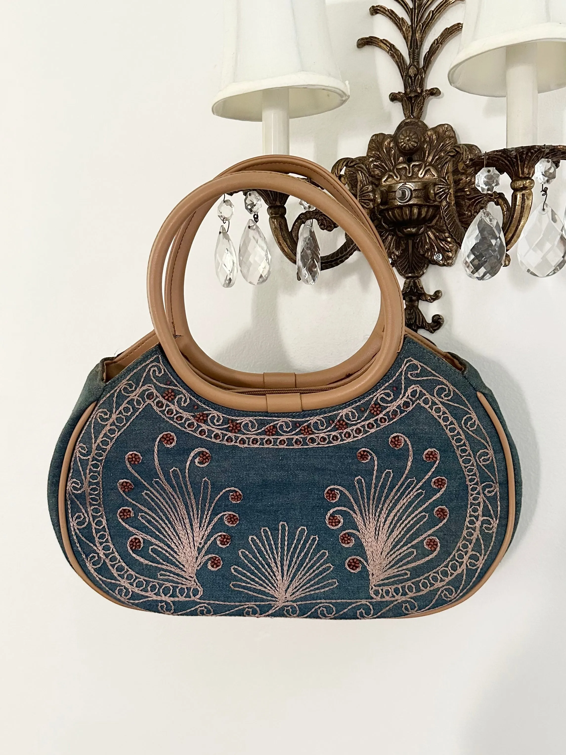 90s Denim Embroidered Beaded Boho Shoulder Bag