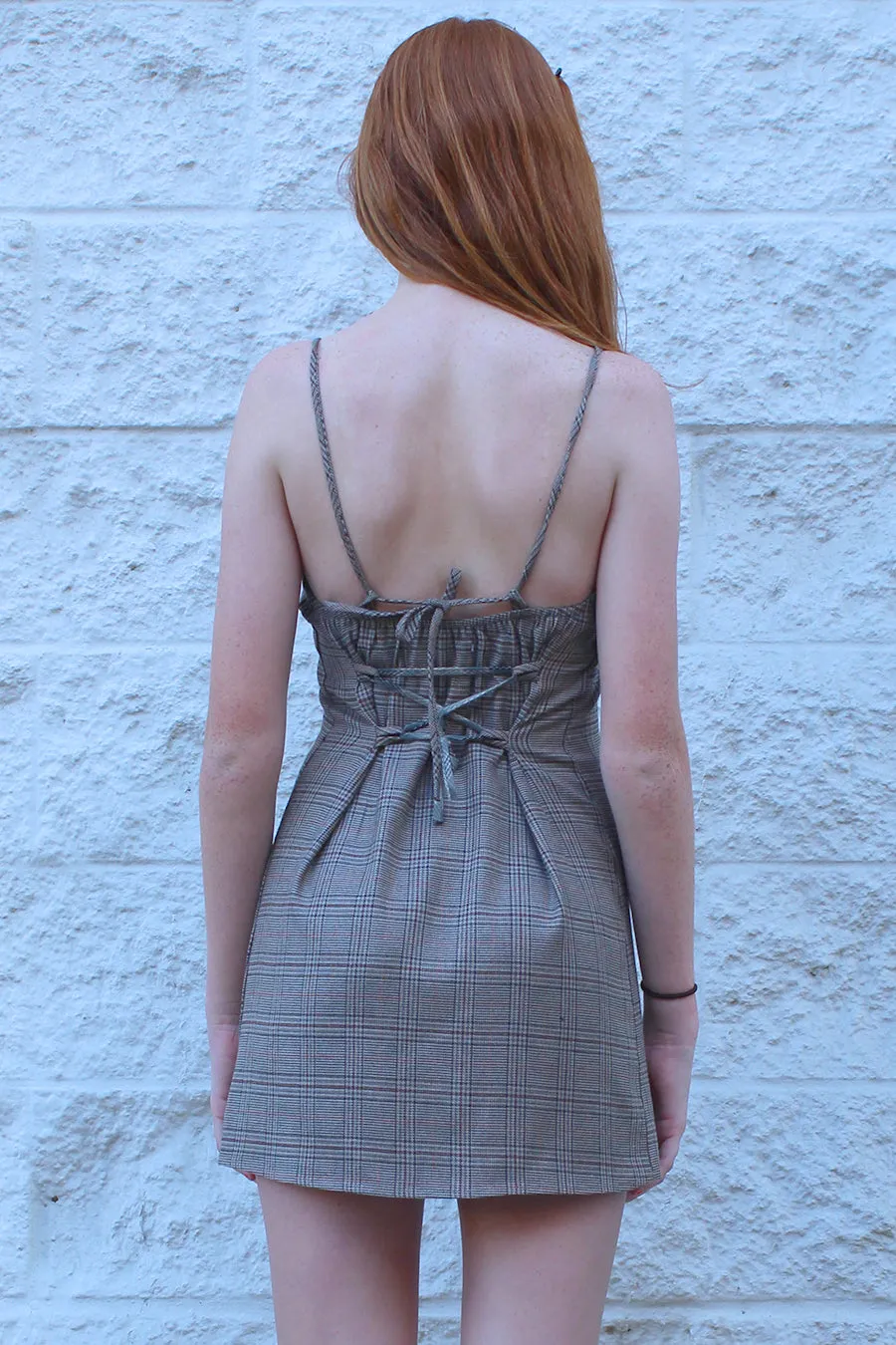 Adjustable Lace Back Dress - Beige Plaid