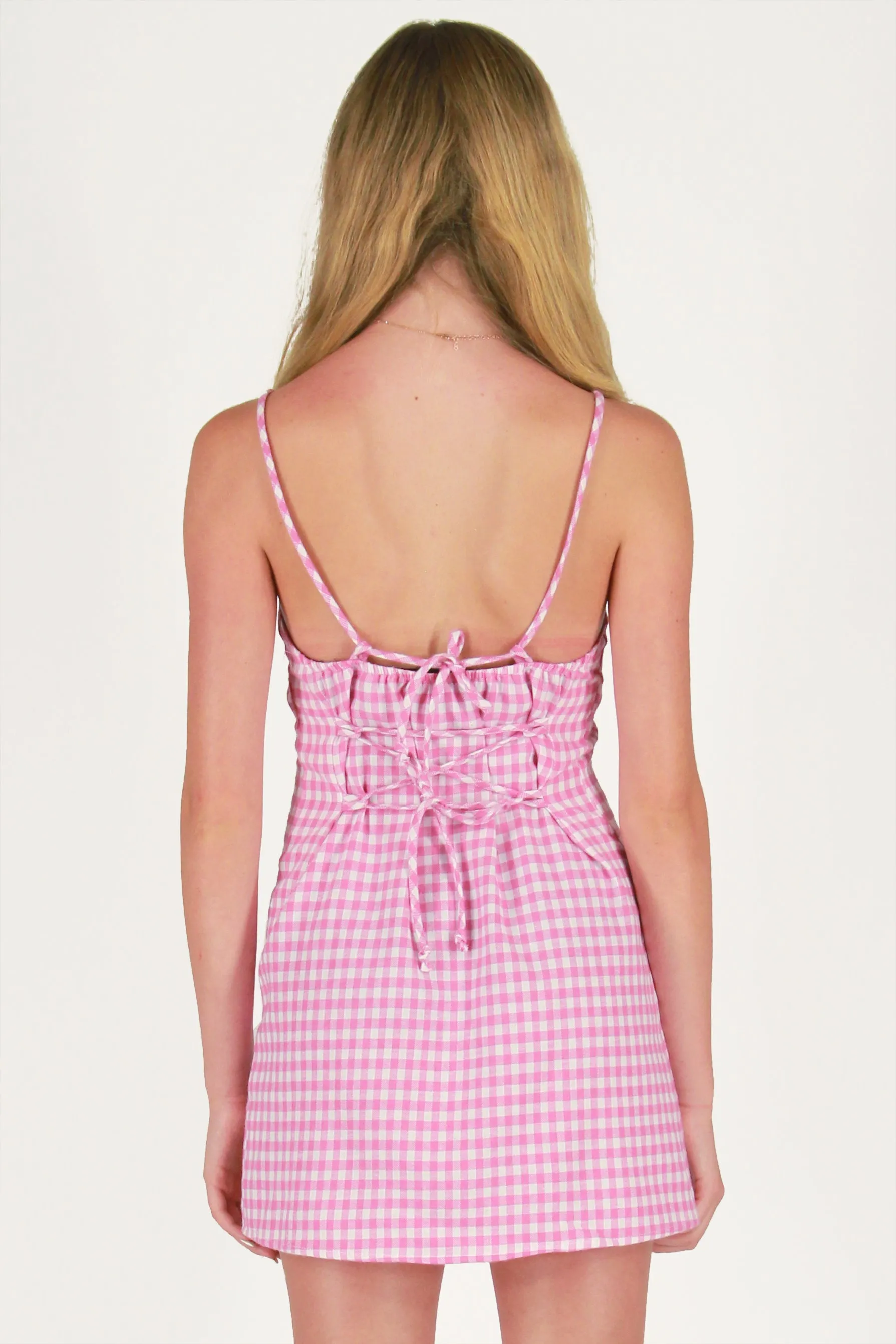 Adjustable Lace Back Dress - Flannel Pink Checker