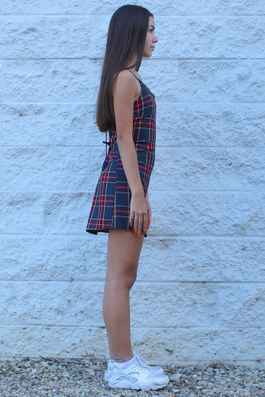 Adjustable Lace Back Dress - Tartan