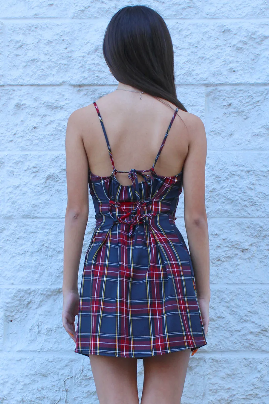 Adjustable Lace Back Dress - Tartan