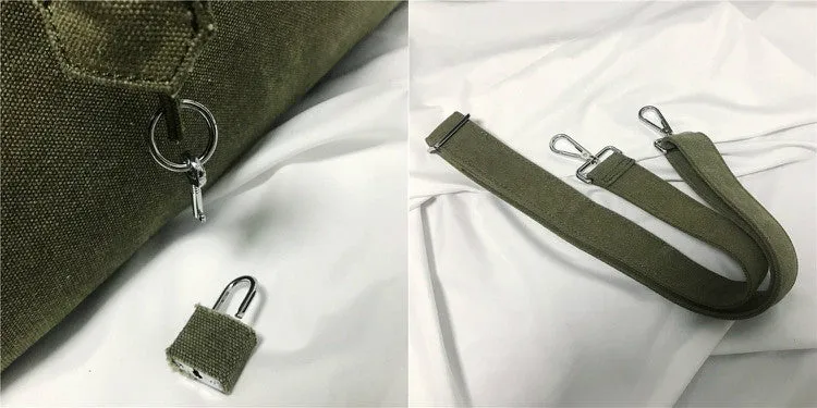 Army green Retro canvas leather tote buckle men/women's weekender travel overnight bag