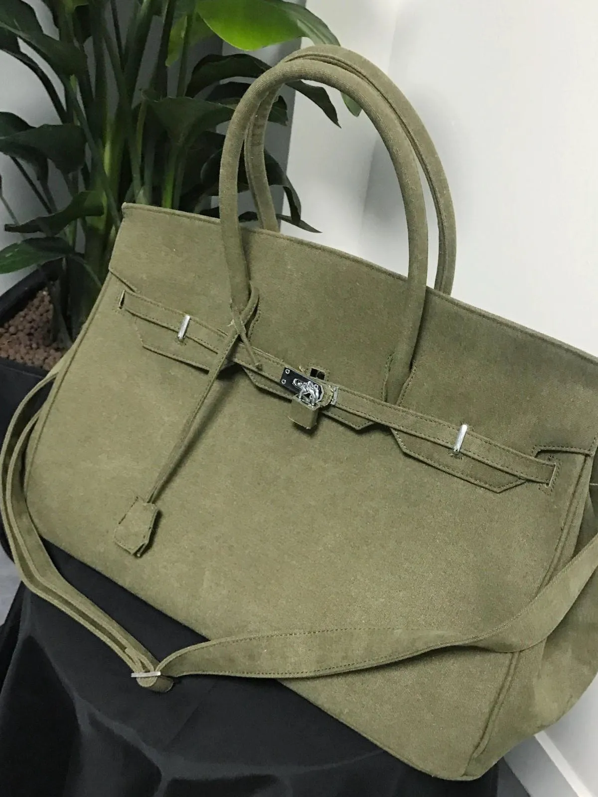 Army green Retro canvas leather tote buckle men/women's weekender travel overnight bag