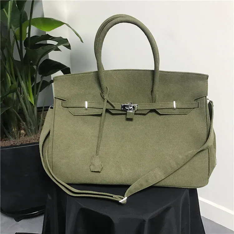 Army green Retro canvas leather tote buckle men/women's weekender travel overnight bag