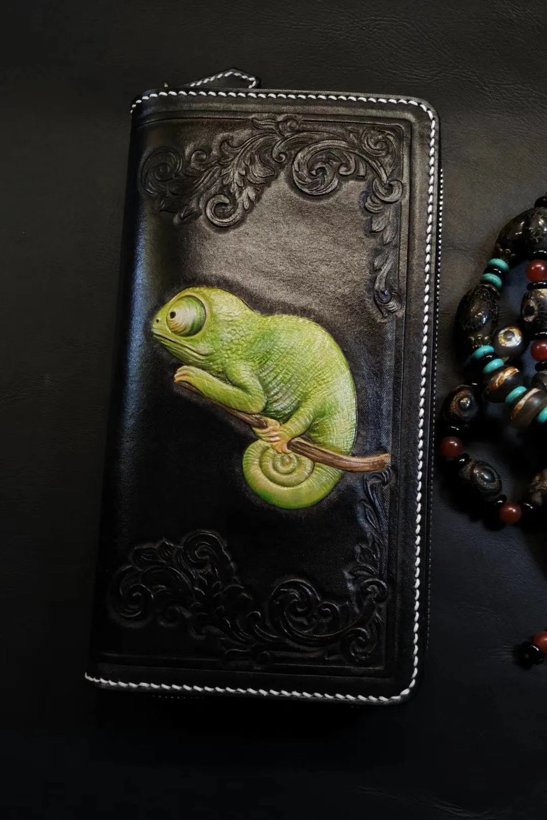 Badass Black Leather Men's Chameleon Biker Wallet Handmade Tooled Zipper Long Wallets For Men