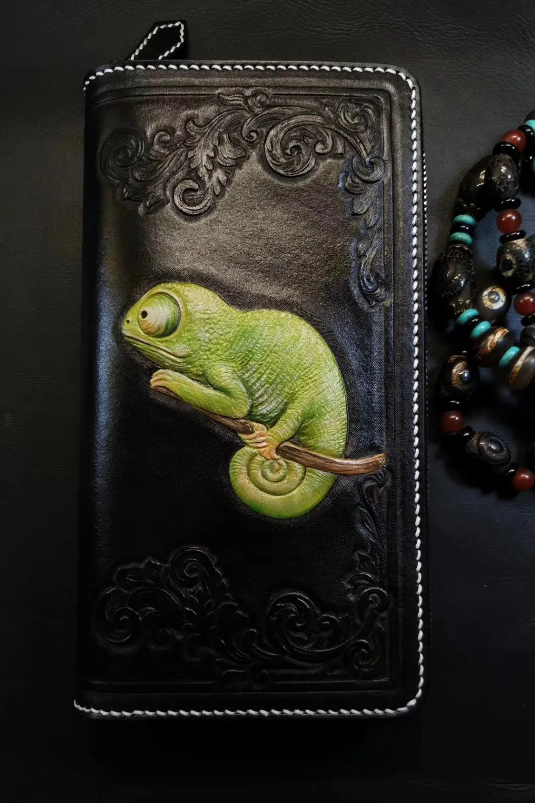 Badass Black Leather Men's Chameleon Biker Wallet Handmade Tooled Zipper Long Wallets For Men