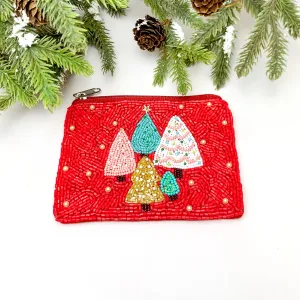 Beaded Coin Purse With Christmas Trees in Red