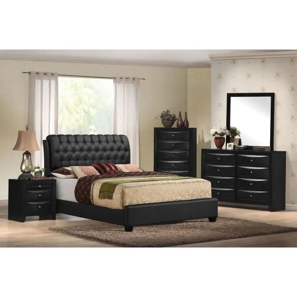 Beatrice Button Tufted Queen Bed, Black Faux Leather