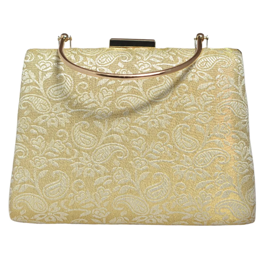 Beige And White Brocade Fabric Clutch