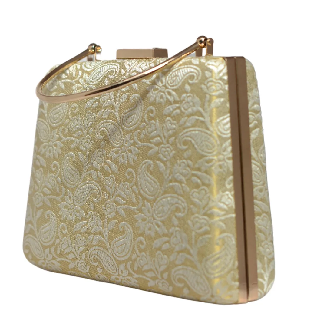 Beige And White Brocade Fabric Clutch