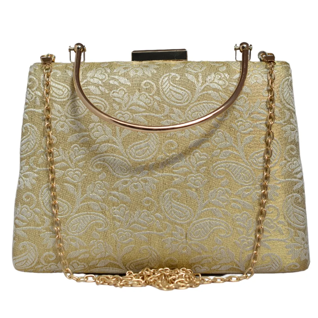 Beige And White Brocade Fabric Clutch