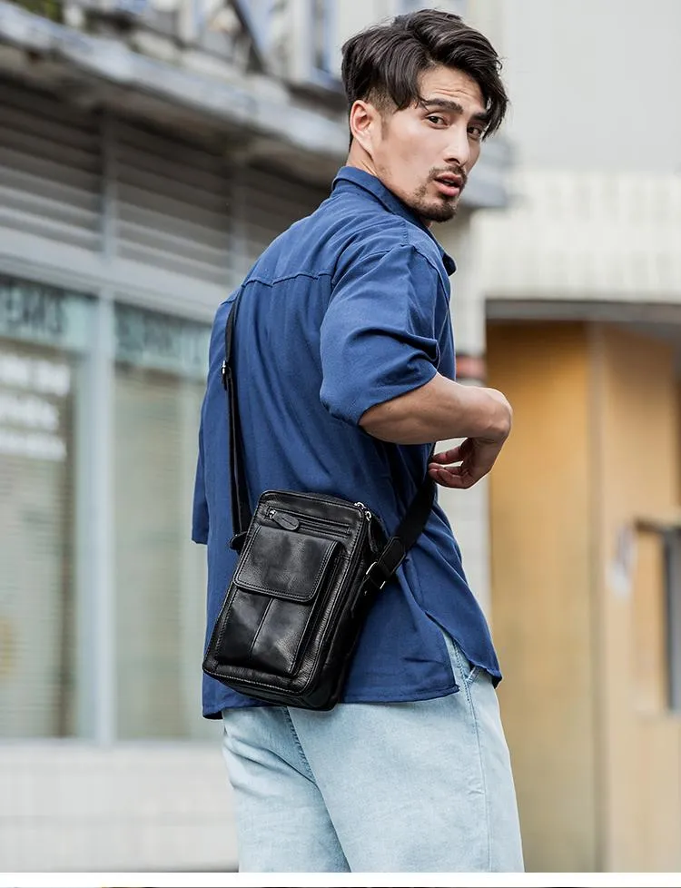 Black Casual Leather Mens Vertical Side Bag Black Messenger Bags Postman Bag Courier Bag for Men