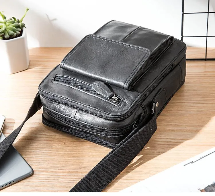 Black Casual Leather Mens Vertical Side Bag Black Messenger Bags Postman Bag Courier Bag for Men