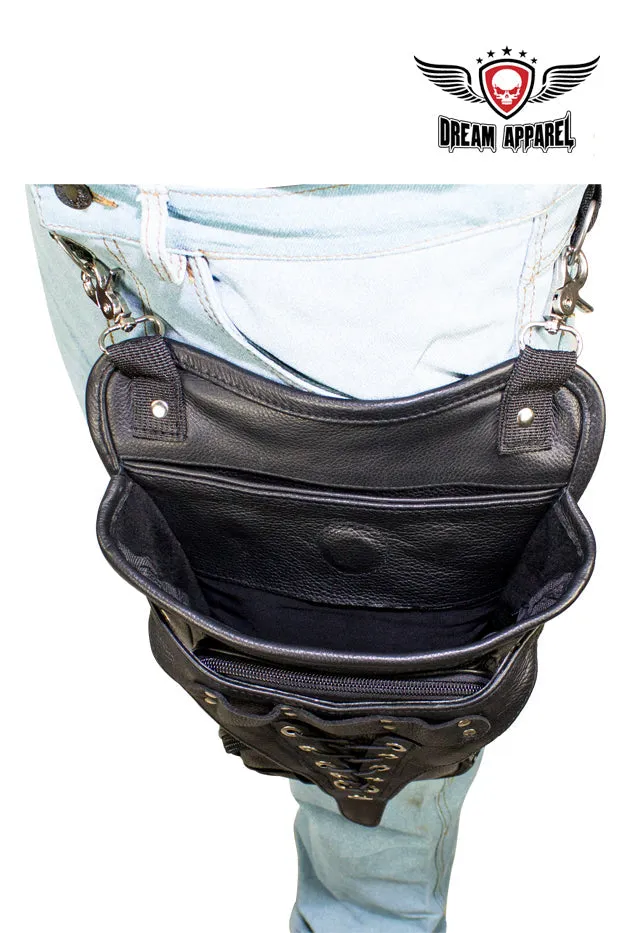 Black Naked Cowhide Leather Multi-Pocket Laced Thigh Bag W/ Extra Layer Of Protection