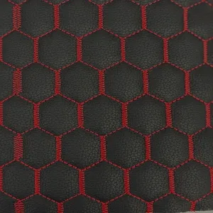 Black | Red Honeycomb Hexagon Quilted Foam Backed Faux Leather Vinyl Fabric