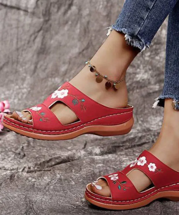 Bohemian Red Embroideried Faux Leather Splicing Wedge Slide Sandals LY2694