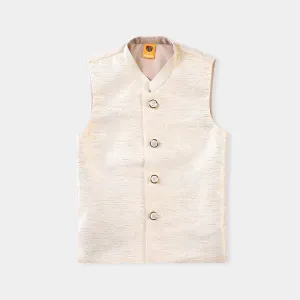 Boys Poly Viscose Waistcoat (Golden Zari)-Off White