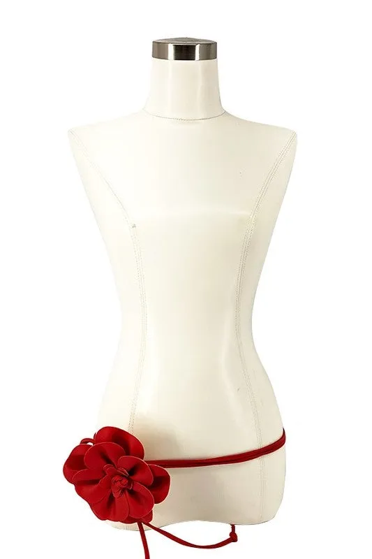 Bright Red Faux Leather Flower Tie Belt