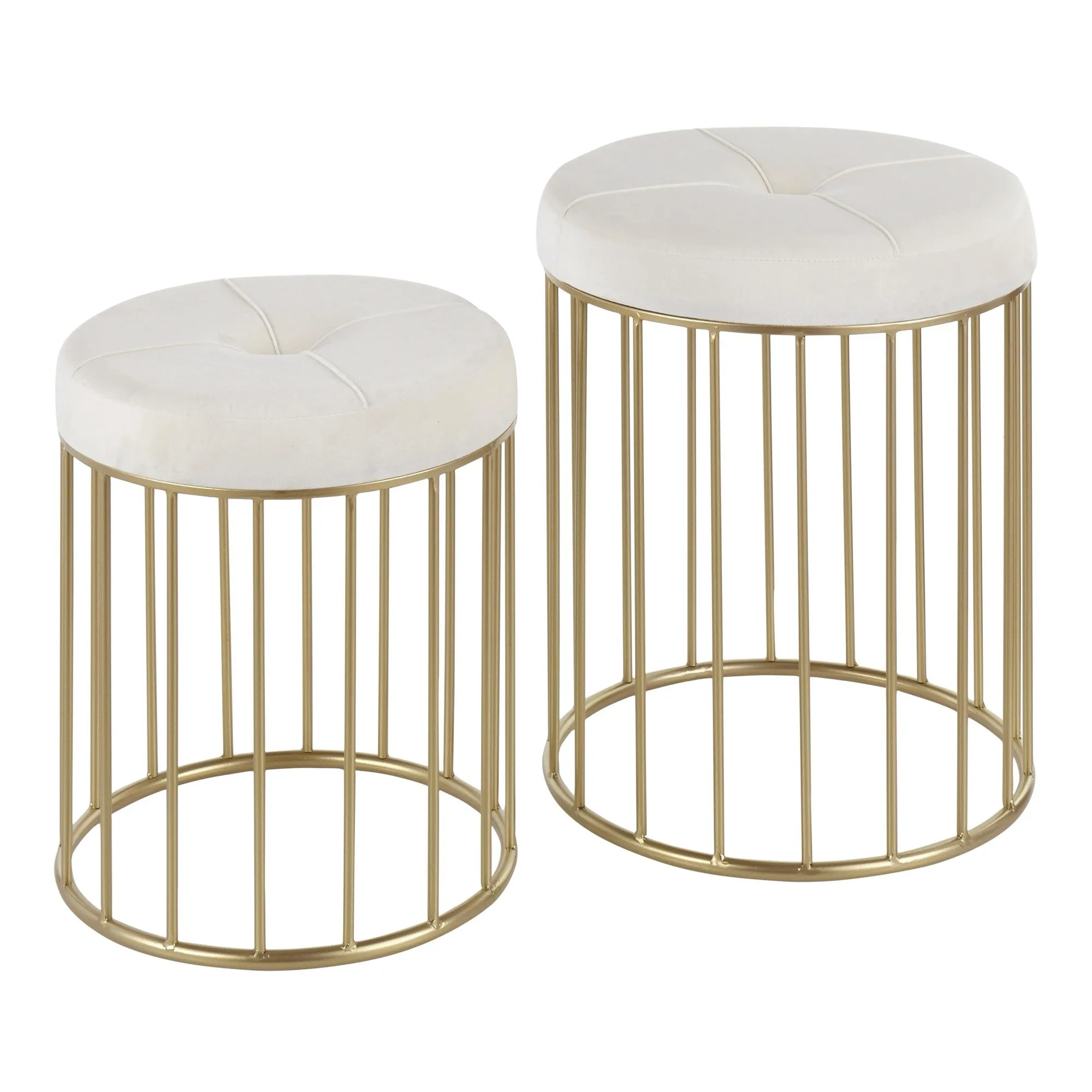 Canary Contemporary Nesting Ottoman Set in Gold Metal and Cream Velvet by LumiSource