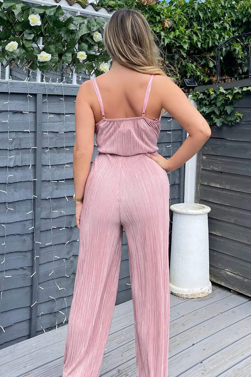 Champagne Wrap Top Tie Waist Full Length Plisse Jumpsuit