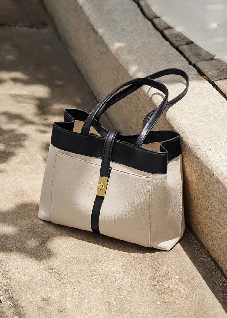 Colorblock Leather Belted Buckle Tote Bag