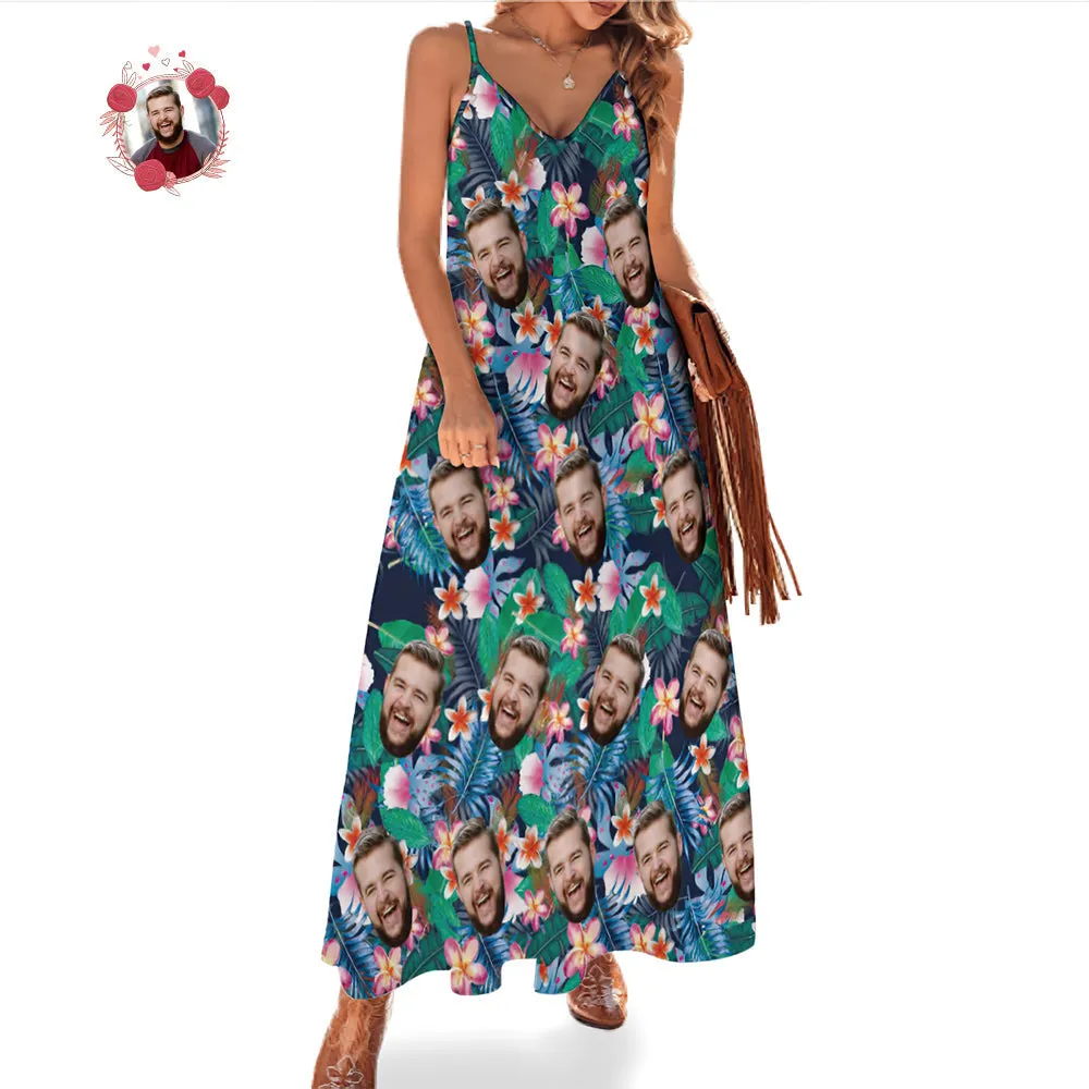 Custom Face Hawaiian Style Colorful Flowers Long Dress And Shirt Family Matching