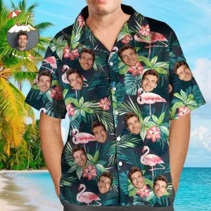 Custom Face Men's Personalised Hawaiian Shirt Flamingo All Over Print Flowers And Leaves