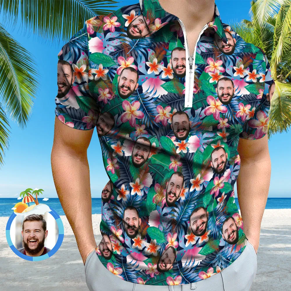 Custom Hawaiian Style Polo Shirt with Zipper Personalised Face Men's Polo Shirt for Him