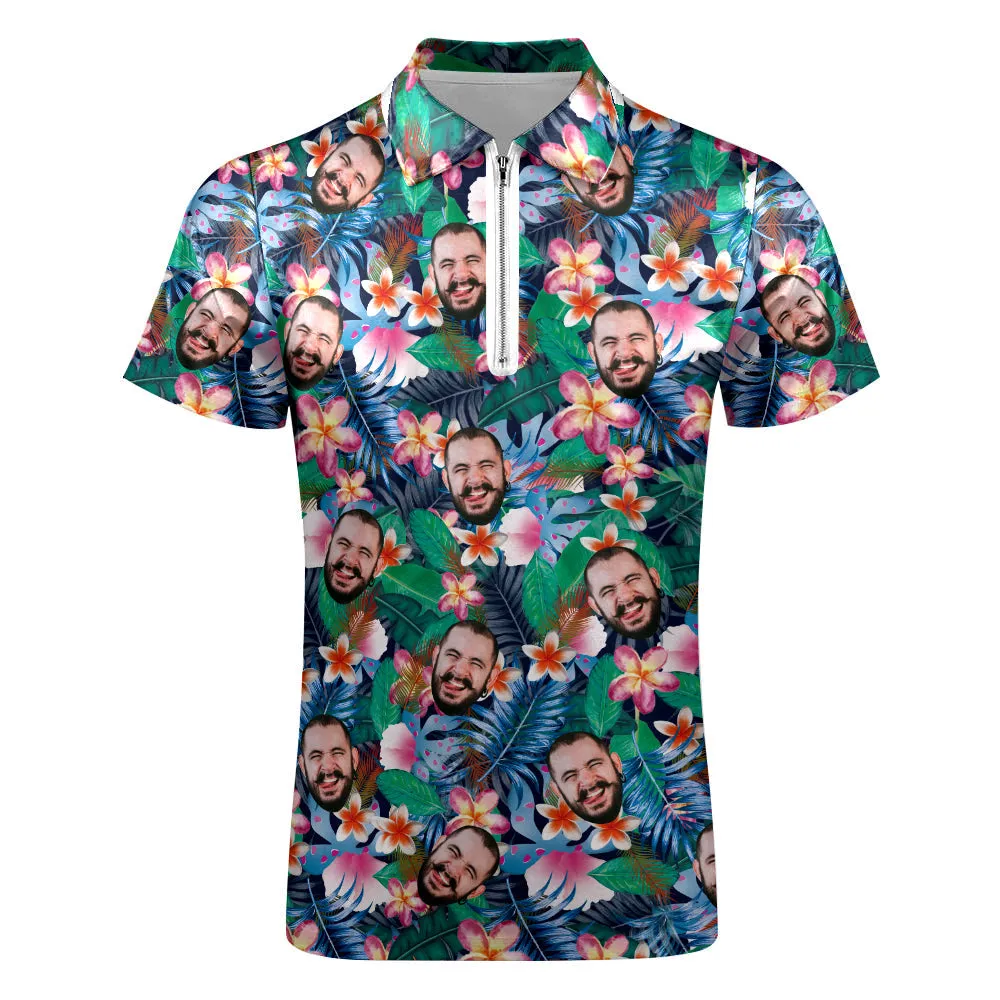 Custom Hawaiian Style Polo Shirt with Zipper Personalised Face Men's Polo Shirt for Him