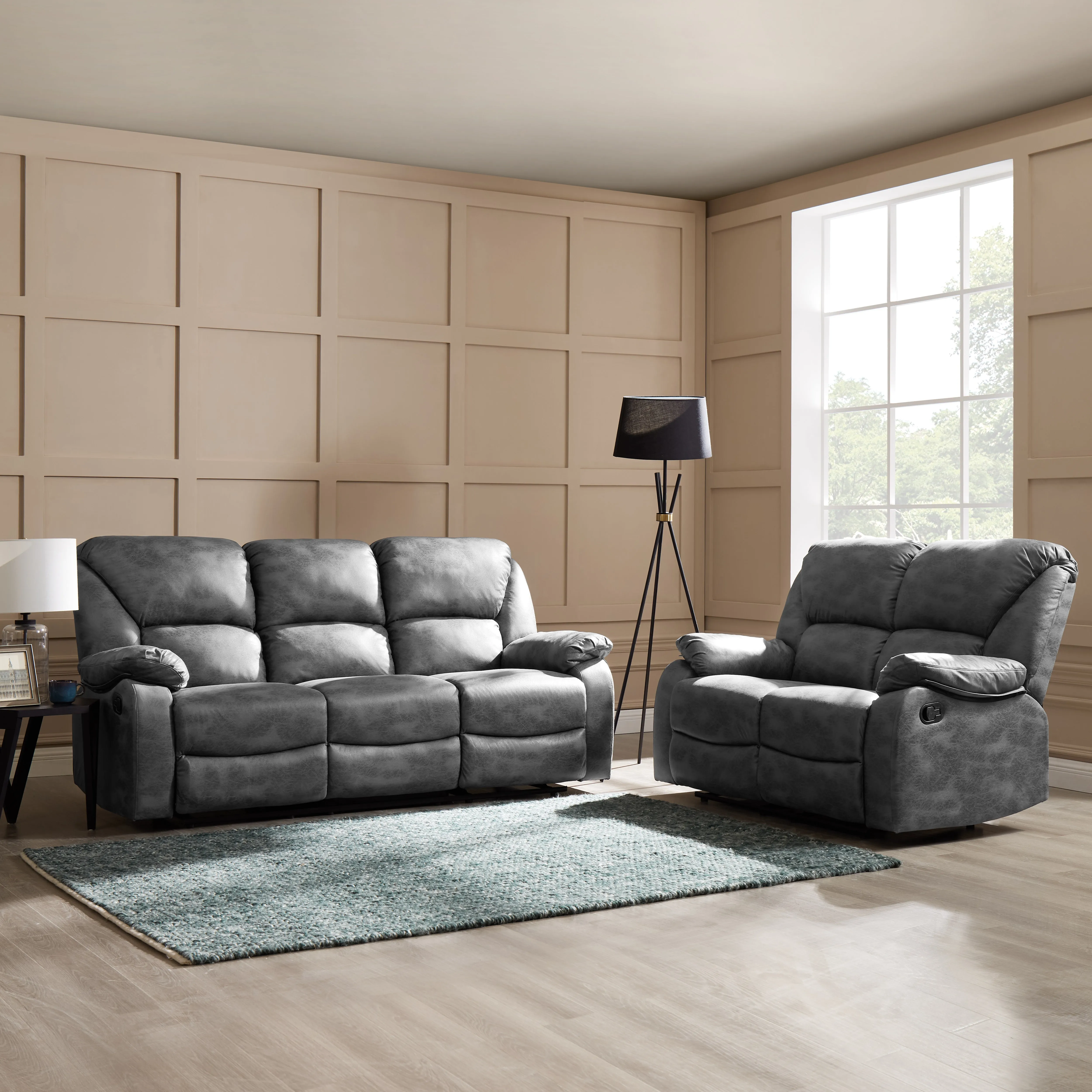 Enoch 2 3 Seater Recliner Sofa Set, Dark Grey Faux Leather