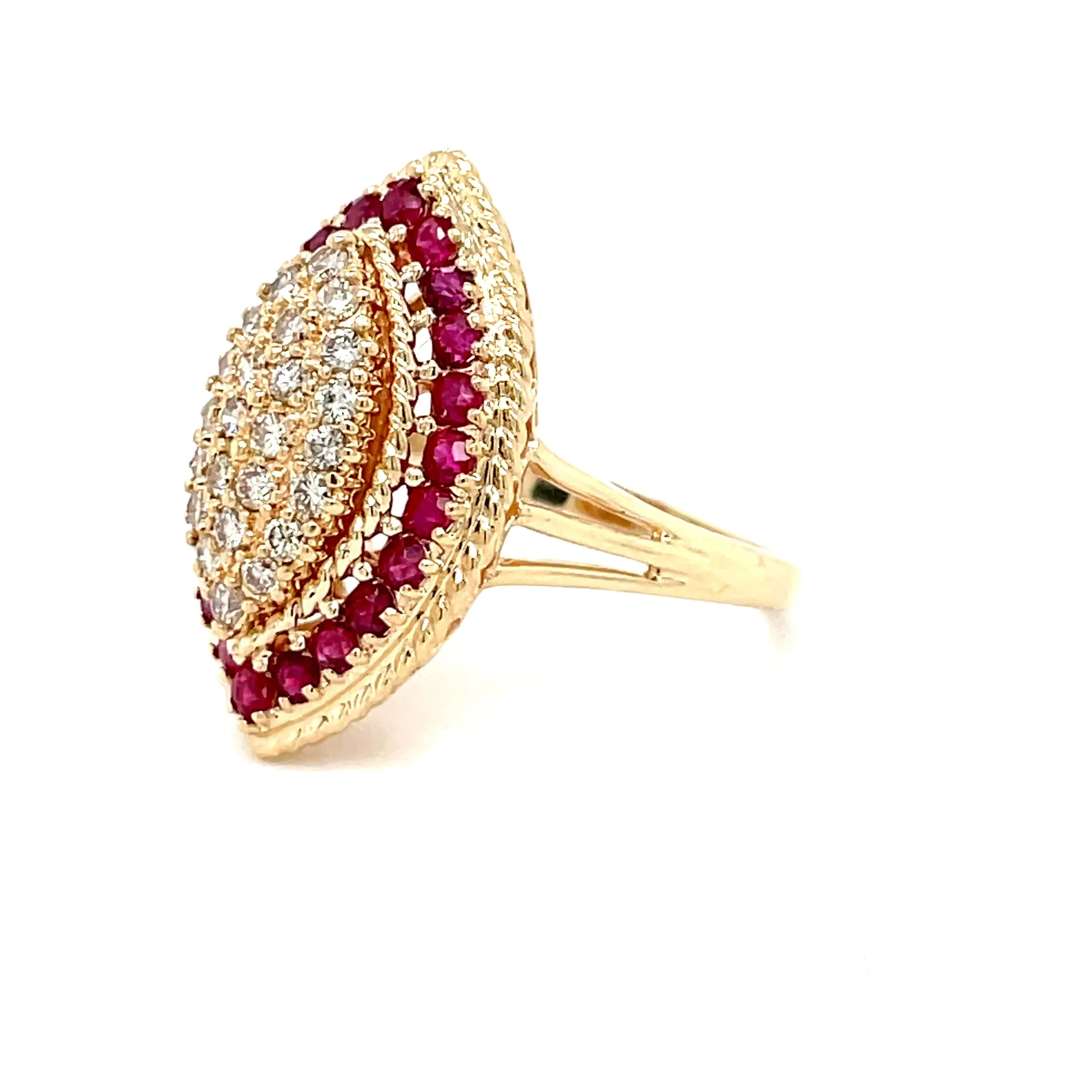 Estate 14K Yellow Gold Navette Diamond Cluster Ring with Ruby Halo