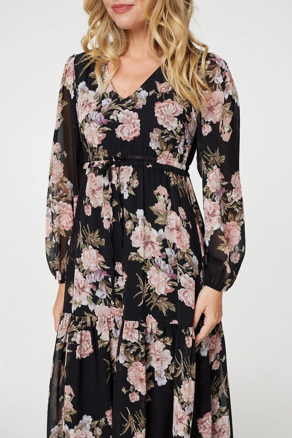 Floral Semi Sheer Empire Waist Midi Dress