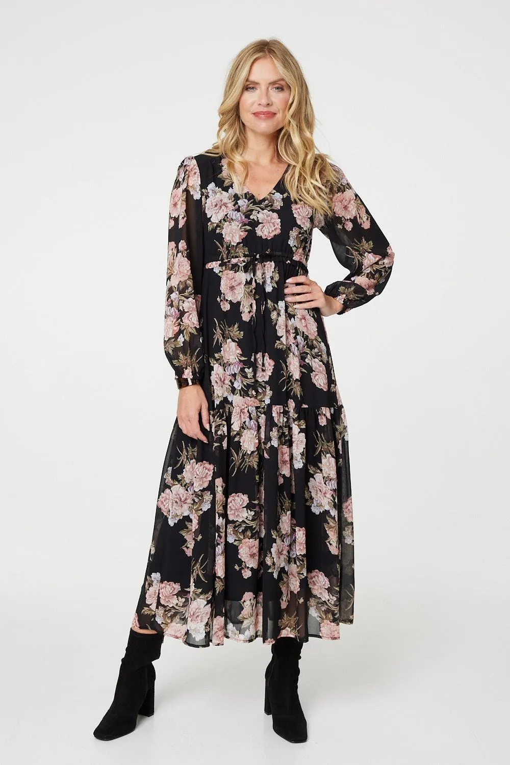 Floral Semi Sheer Empire Waist Midi Dress