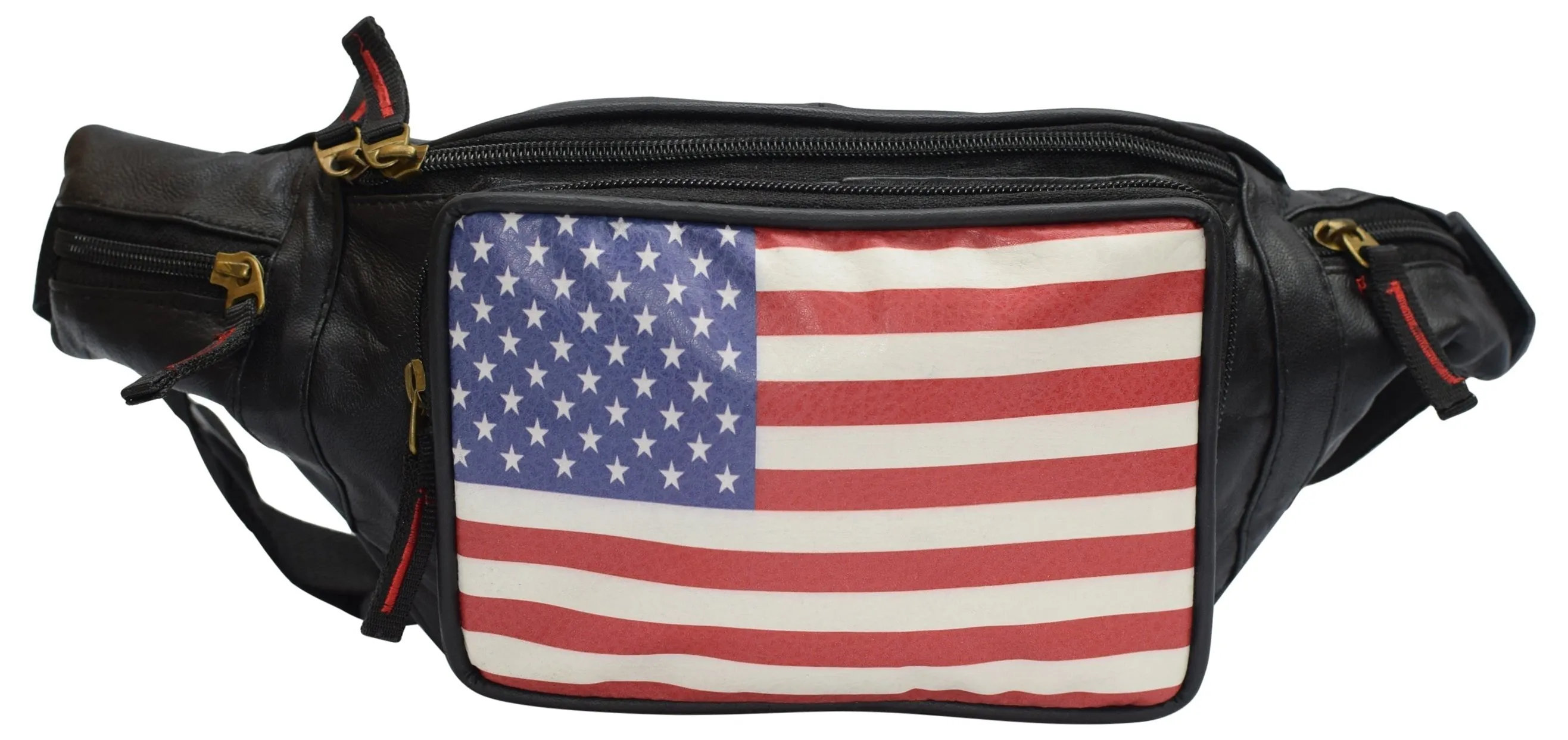 Genuine Leather USA Flag Fanny Pack with Bottle Holder, America Stars & Stripes Waist Bag