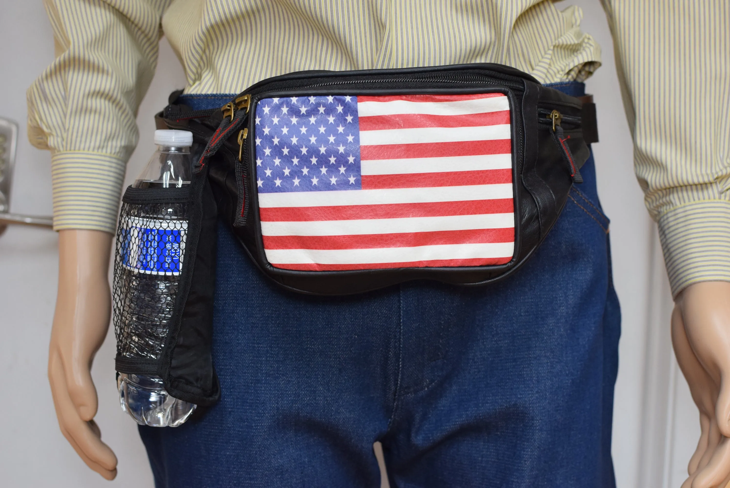 Genuine Leather USA Flag Fanny Pack with Bottle Holder, America Stars & Stripes Waist Bag