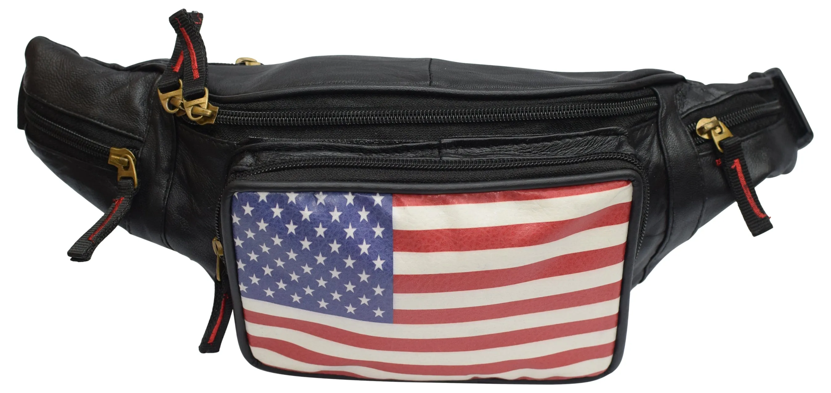 Genuine Leather USA Flag Fanny Pack with Bottle Holder, America Stars & Stripes Waist Bag