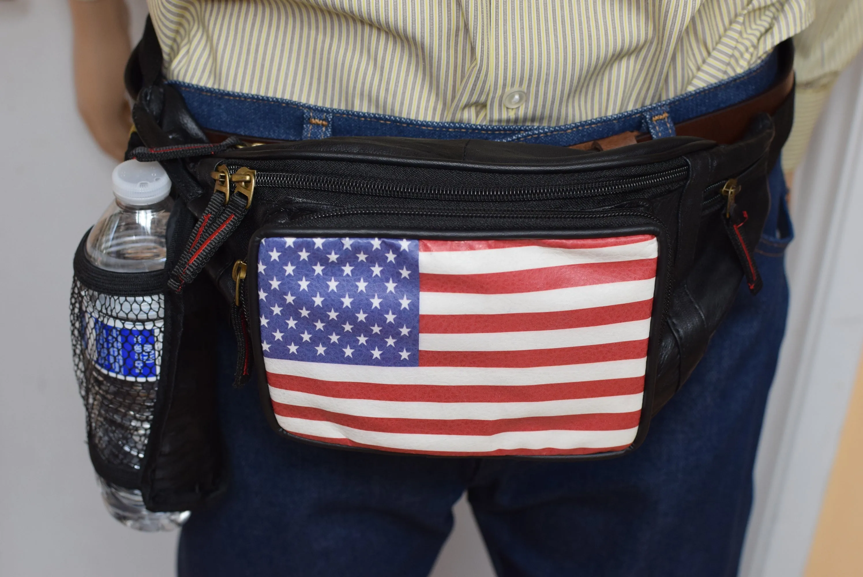 Genuine Leather USA Flag Fanny Pack with Bottle Holder, America Stars & Stripes Waist Bag