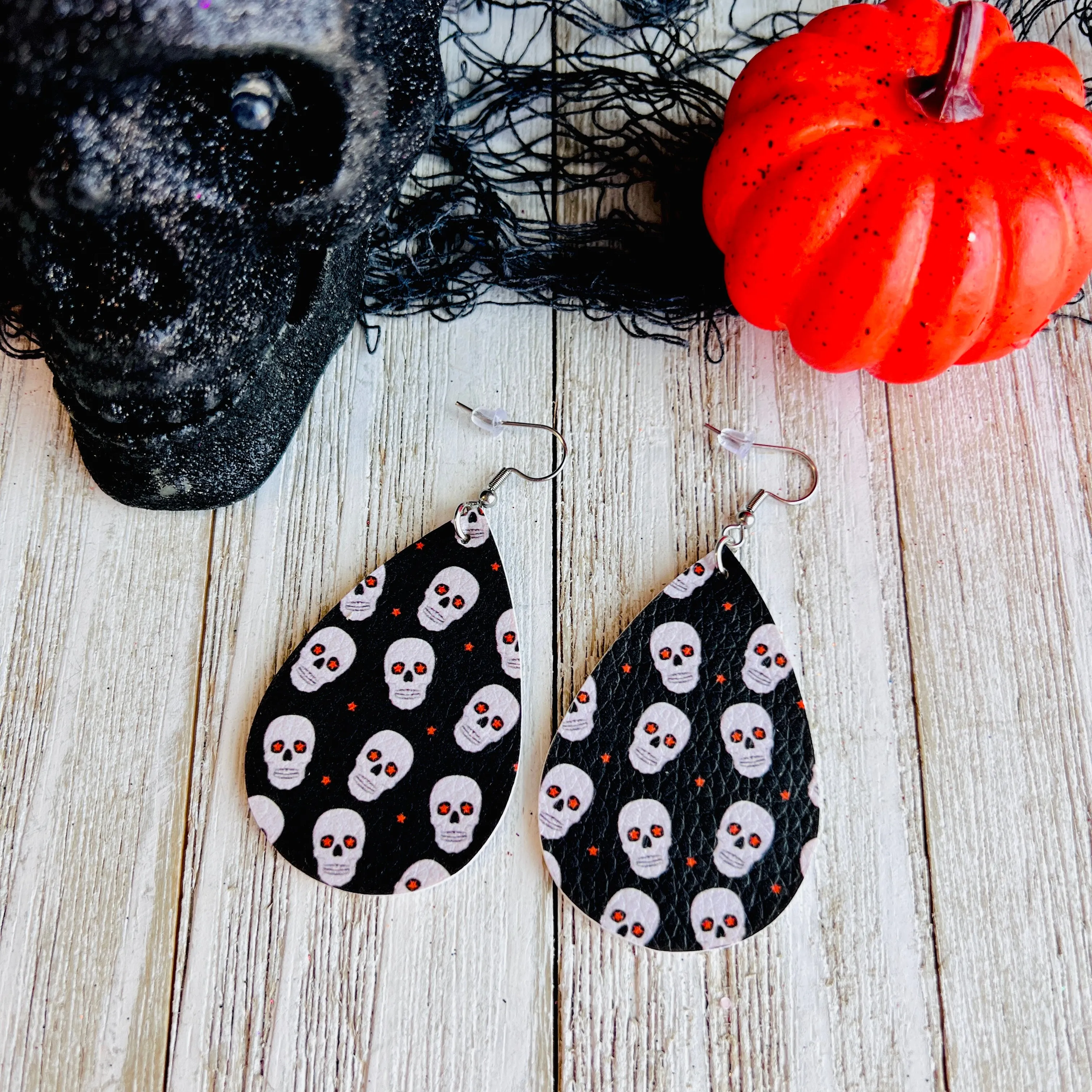 Halloween Skulls Faux Leather Drop Ear Bling