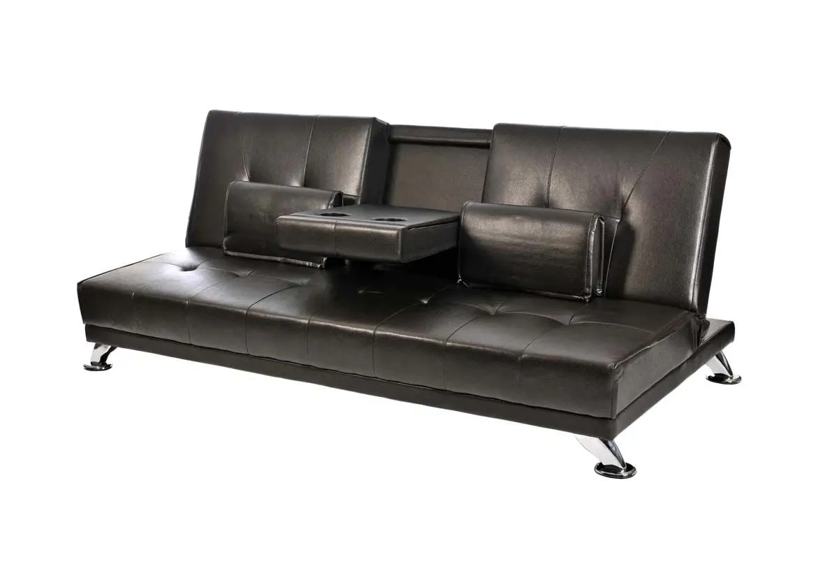 Herman 3 Seater Faux Leather Sofa Bed with cupholder- Black with chrome legs