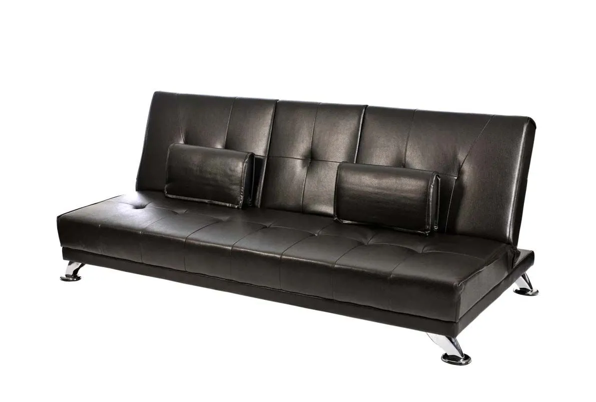 Herman 3 Seater Faux Leather Sofa Bed with cupholder- Black with chrome legs