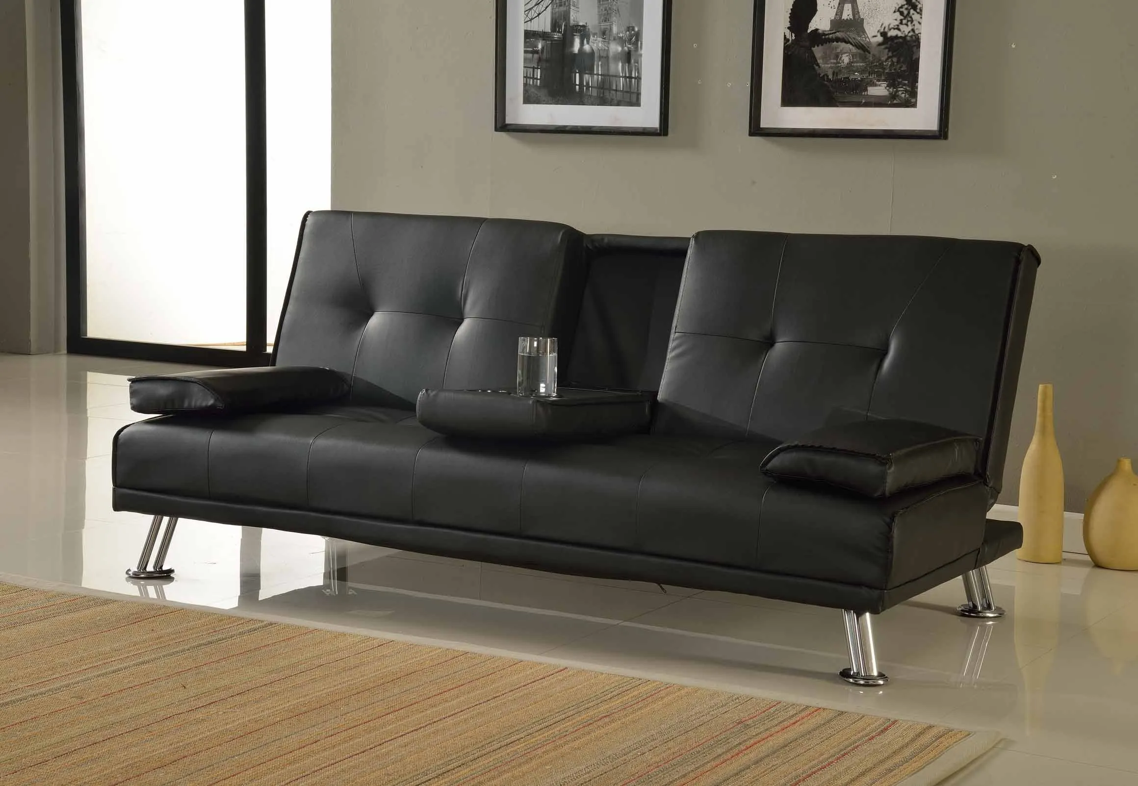 Herman 3 Seater Faux Leather Sofa Bed with cupholder- Black with chrome legs