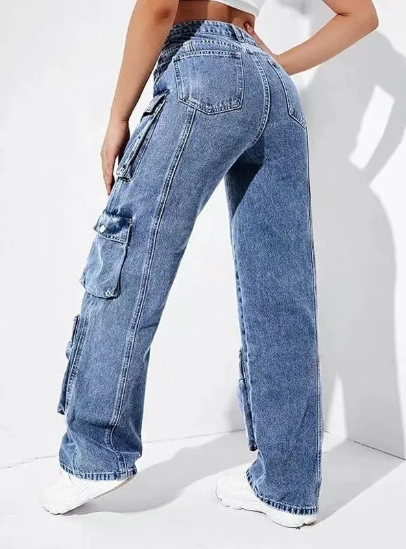 High Waist Flip Pocket Loose Jeans