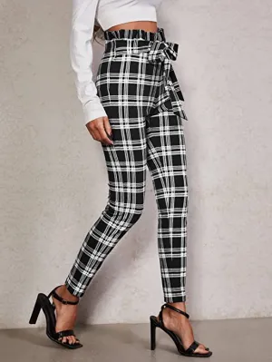 High Waist Ruffled Belted Black & White Plaid Paper Bag Pants